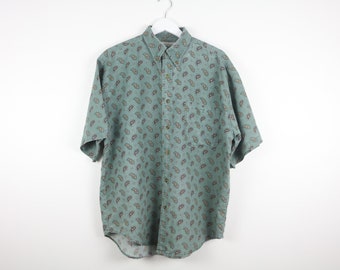 vintage 1990s grunge PAISLET geen and blue AOP 90s short sleeve denim finish shirt -- size large