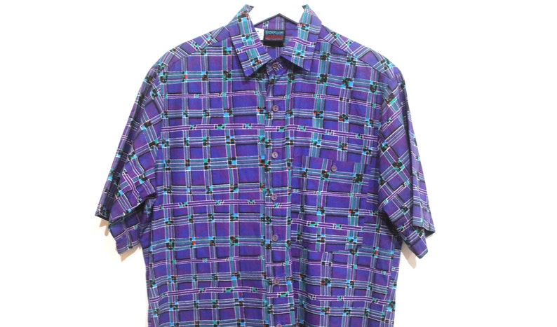 vintage southwest BLUE and purple ikat FRESH PRINCE 90s short sleeve button up shirt size medium image 2