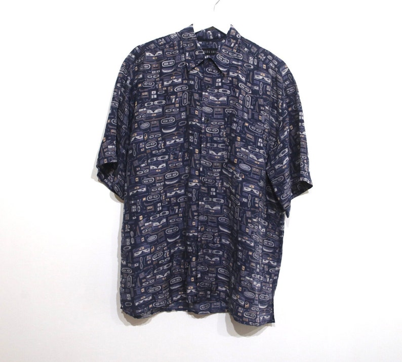 vintage SILK oversize slouchy SEINFELD pattern button down Streetwear shirt size LARGE silk men's shirt image 1