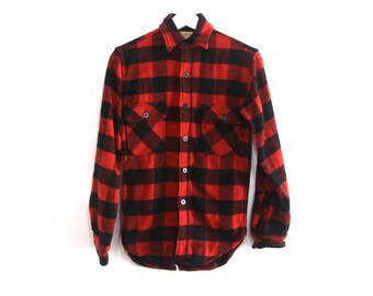 vintage mid-century 1960s red & black FLANNEL vintage size extra small button shirt coat -- men's size XS