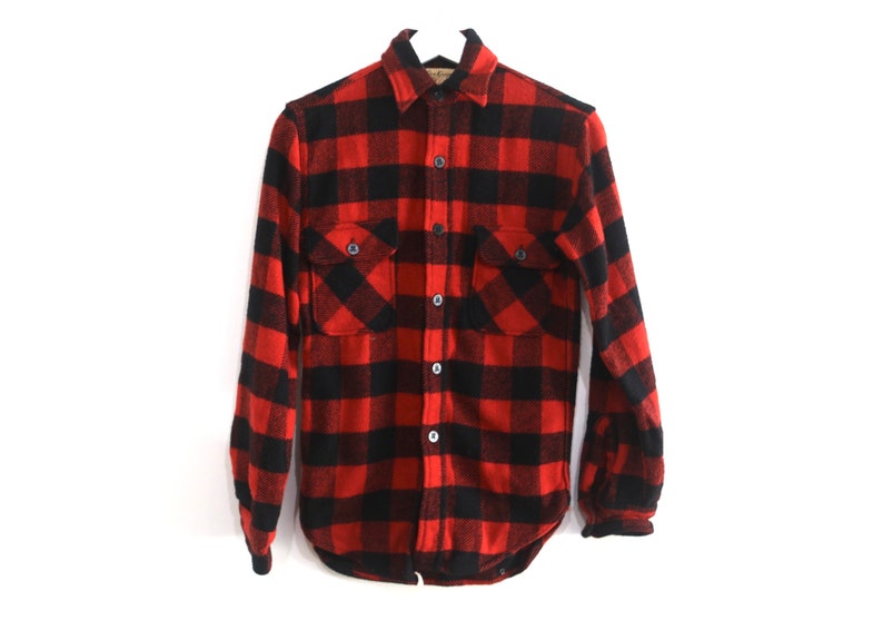 vintage mid-century 1960s red & black FLANNEL vintage size extra small button shirt coat men's size XS image 1