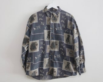 vintage 1990s HUNTING dogs & peasants button down ANIMAL MONTAGE 90s vintage button down shirt -- size medium