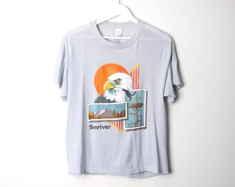 vintage 1970s 80s SUN RIVER eagle tree MONTAGE faded thin & soft short sleeve t-shirt -- size medium/large - Free shipping U.S.A
