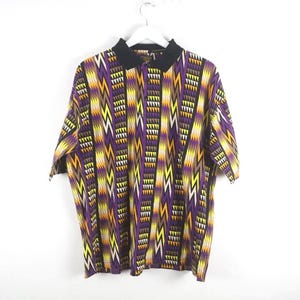 vintage 1990s ZIG zag black yellow purple STREETWEAR style 90s men's vintage boxy polo henley shirt -- size medium -- FREE shipping