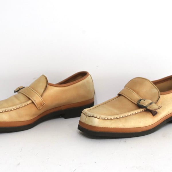 vintage tan LEATHER men's penny LOAFER style 1960s 70s vintage made in U.S.A. shoes -- Size 9 Men's