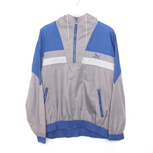 vintage 1980s PUMA sport brand BLUE & silver henley WINDBREAKER jacket 80s 1990s coat -- Men&#39;s Size Medium