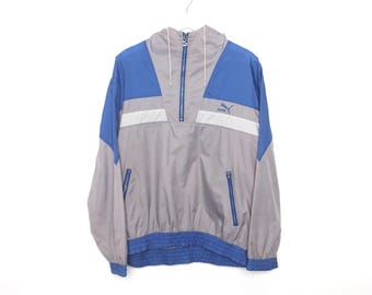 vintage 1980s PUMA sport brand BLUE & silver henley WINDBREAKER jacket 80s 1990s coat -- Men's Size Medium -- Free Shipping U.S.A