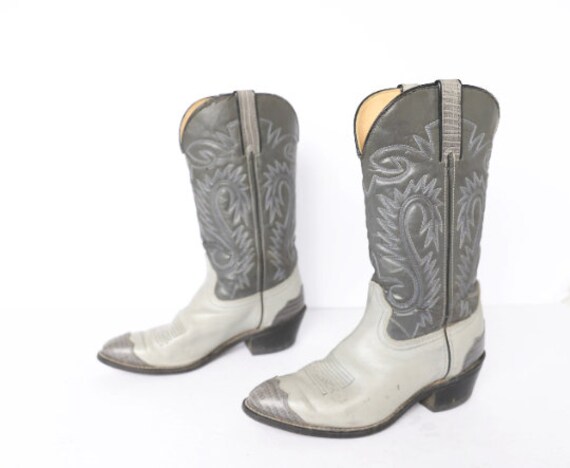 Vintage Grey Two Tone Justin Brand Cowboy Boots Black Leather -- Men's Size 8.5