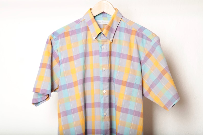 vintage yellow /& PURPLE PLAID short sleeve 90s does 60s SUMMER button up shirt size medium