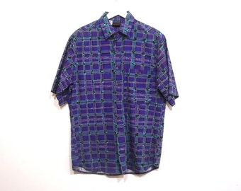 vintage southwest BLUE and purple ikat FRESH PRINCE 90s short sleeve button up shirt-- size medium