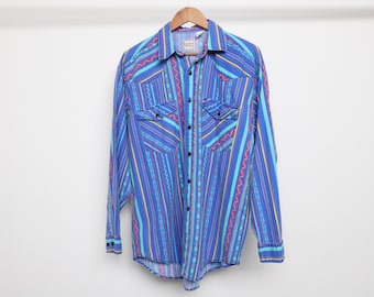 vintage 1990s pastel blue & purple color block 90s COTTON striped long sleeve shirt size LARGE surf button down -- men's size large