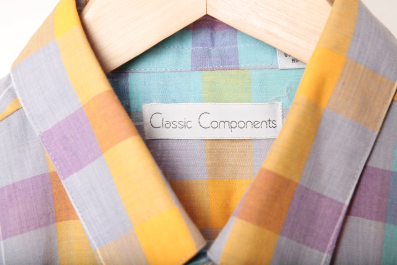 vintage yellow /& PURPLE PLAID short sleeve 90s does 60s SUMMER button up shirt size medium