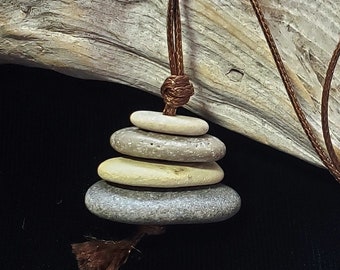 Zen Rock Pendant, Lake Michigan beach pebbles, on macrame slip knot cord. Pile of 4 rocks