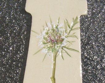 Pressed Plant Pottery Ornament, Queen Ann's Lace, Lighthouse shape, Michigan Flora, (1479)