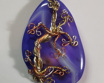 Wire wrapped tree of life on free form purple jasper stone, large, TJ1