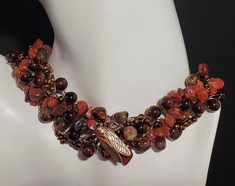 Crocheted & Beaded jewelry neck collar, Macrame slip knot closure, Red Tigers Eye, Red Jasper, Very Functional X wear 0443