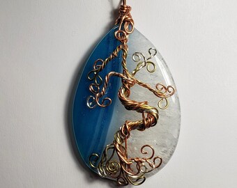 Twisted wire tree on Quartz stone face Pendant, Tree of life pendant (BD1)