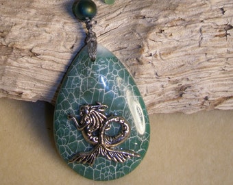 Crochet necklace with tear drop shaped crackle agate stone, Mermaid charm, button closure, shades of green, MM1