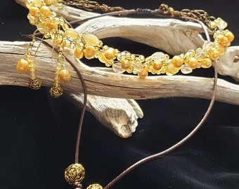 Crocheted pearl and beaded neckpiece, yellow fluorite stones, glass beads, Braided with slip knot macrame closure, earrings