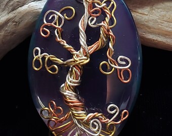 Tree of Life wire wrapped on Agate & quartz stone, horse eye shape, purple/green/white (taq)