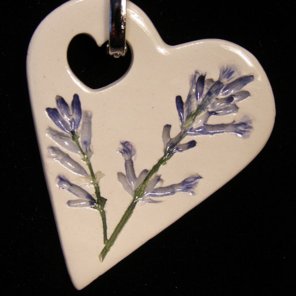 Pressed Plant Pottery Pendant, pressed flower jewelry, heart Shape, Michigan Lavender, aromatherapy diffuser, donut bail, free cord, LH2