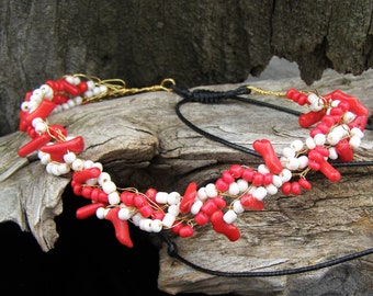 crocheted, beaded, & braided jewelry neck piece, macrame adjustable slide knot closure, red bamboo coral, RBB1