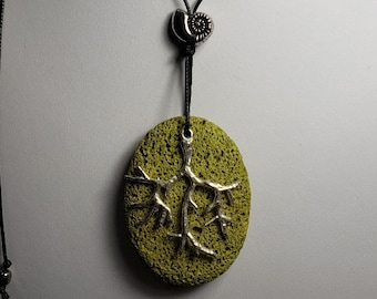 Chartreuse Lava Rock Pendant, Aromatherapy & diffuser, Nautilus charm, metal coral branch, macrame cord closure, (8217)