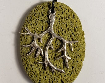 Oil Diffuser pendant, Chartreuse Lava Rock Pendant, Aromatherapy, Nautilus charm, metal coral branch, macrame cord closure, (4295)