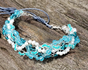 crocheted, beaded, & braided jewelry neck piece, macrame adjustable slide knot closure, Blue sea glass, white f.w. pearls , bsg1