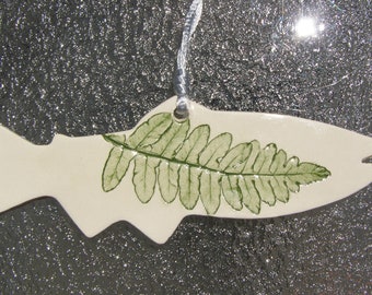 Pressed Plant Pottery Ornament, Fish Shape, Fern pattern, Michigan flora (7656)