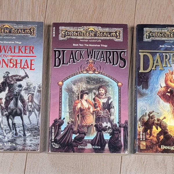 Forgotten Realms, 3 book set, by Douglas Niles, Darkwalker on Moonshae, Black Wizards, & Darkwell.   The Moonshae Trilogy, like new