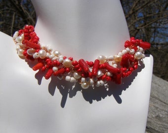 crocheted, beaded, & braided jewelry neck piece, macrame adjustable slide knot closure, red bamboo coral, white f.w. pearls , RBB2