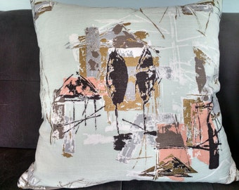 Funda de almohada vintage de tela de corteza con diseño abstracto de casas y árboles en color aguamarina