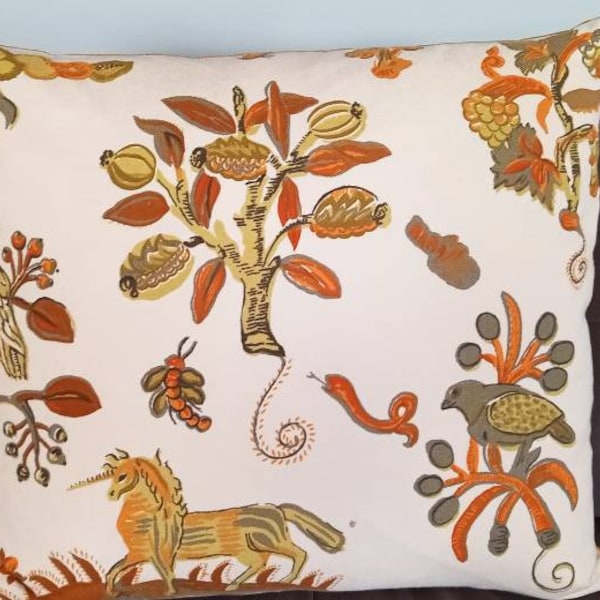 VINTAGE Scalamandre 1960s Lion, Parrot, Flora and Fauna Linen Cotton Pillow Cover