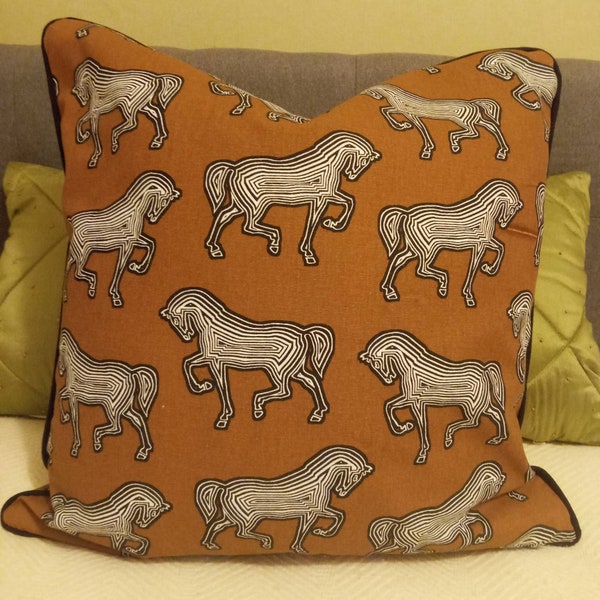 Schumacher FAUBOURG BROWN Horses Pillow Cover with black welting