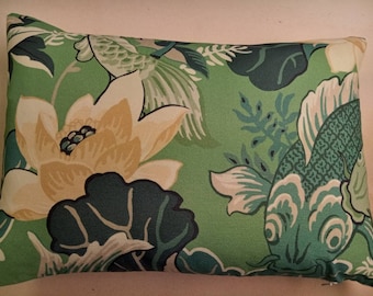 KOI FISH Lotus Pond Eucalyptus green teal off white Chinoiserie Pillow Cover