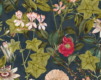 May include: A dark navy blue wallpaper pattern featuring a botanical illustration of various flowers and leaves. The design includes light pink geraniums, a vibrant red camellia, a large cream-colored poppy, and a detailed passion flower.
