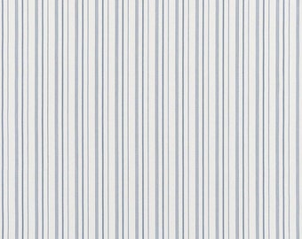 May include: A fabric with a repeating pattern of vertical stripes. The stripes alternate between a light blue and white color. The fabric has a textured appearance and is suitable for various home decor projects.