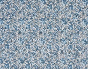 May include: A seamless fabric pattern featuring a repeating floral design in shades of blue and white. The pattern includes stylized flowers, leaves, and vines, creating a delicate and intricate all-over print. The fabric has a soft, muted color palette.