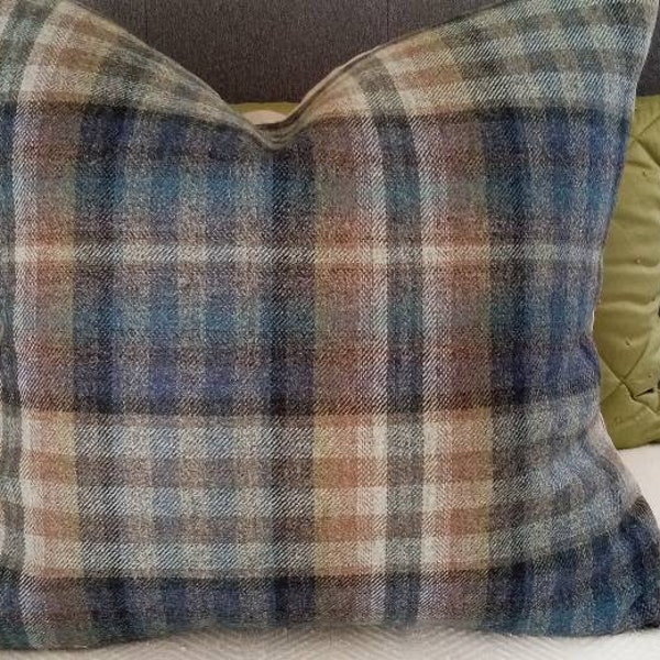 MULBERRY NEVIS BLUE Wool Plaid Tartan Soft Slate, Blue, Taupe Pillow Cover