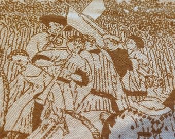 May include: Beige fabric with a repeating pattern of medieval figures in brown. The design depicts people on horseback, carrying flags, and interacting in a historical scene. The fabric has a textured appearance.