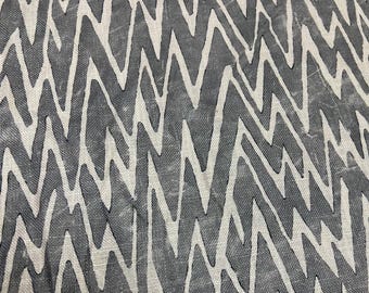 May include: Close-up of a fabric with a repeating zigzag pattern. The design features white zigzags against a gray background. The fabric has a slightly textured appearance, suggesting a natural fiber.