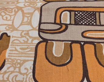 May include: Close-up of a fabric with a repeating geometric pattern in shades of orange, brown, and beige. The design features stylized shapes with curved lines and a retro aesthetic, reminiscent of vintage textiles.