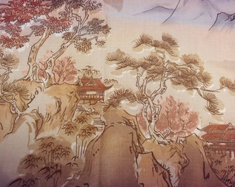 May include: A watercolor painting depicting a traditional Japanese landscape with mountains, trees, and a small house. The painting is done in shades of brown, beige, and pink.