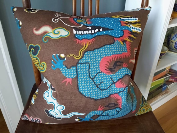 MAGICAL MING DRAGON Linen Pillow Cover Brown Turquoise Orange by Schumacher Etsy