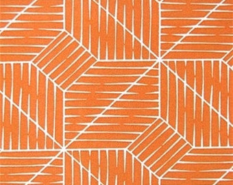 May include: Orange and white geometric pattern with a repeating hexagonal design. The pattern is made up of thin white lines on a solid orange background.
