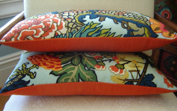 Schumacher Chiang Mai Dragon Pillow Cover Aquamarine Burnt Orange Linen Backing