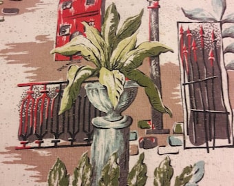 May include: A vintage wallpaper design featuring a red building with a green plant in a white pot, a black gate, and a street lamp with a white light. The background is a light beige with a speckled texture.