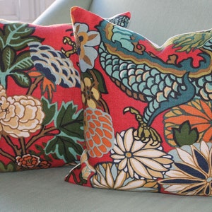 LACQUER Schumacher CHIANG MAI Dragon Red Linen Pillow Cover