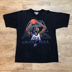 Fila Grant Hill T-Shirt Shirt Tee Anvil Blue Vintage Retro Size L Y2K 80s 90s Sweater Pullover Heavy Cotton USA Basketball NBA Jordan Barkley